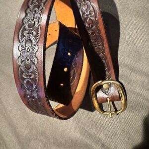 Men’s Hand Tooled Brown Leather Belt Solid Brass Buckle